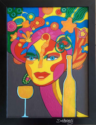 *Frau mit Wein* - Acryl auf Acryl mit Rahmen, 40 x 35 cm - Illustratorin Doris Maria Weigl -DMW