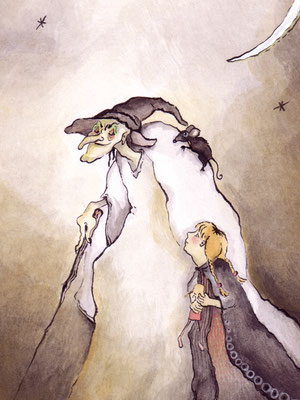 Hexe mit Mädchen - Aquarell - Illustrationen Doris Maria Weigl / Kinderbuch