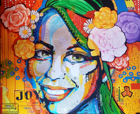 Collage *JOY* - 120 x 100 cm, Acryl und Papier auf  Leinen - Illustratorin Doris Maria Weigl - DMW