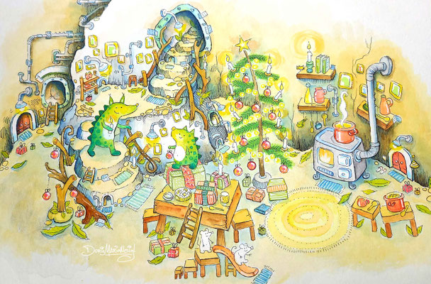 Unterirdische Weihnachten - Aquarell - Illustrationen Doris Maria Weigl / Kinderbuch