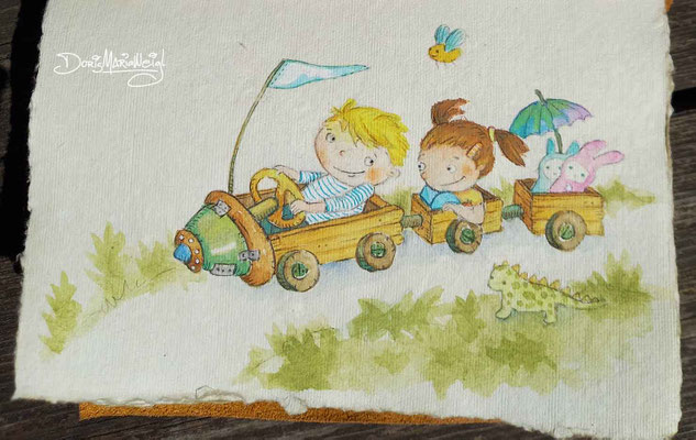 Kinder fahren - Aquarell - Illustrationen Doris Maria Weigl / Kinderbuch