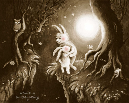 Zwei Hasen im Vollmond - Aquarell und Acryl auf leinen - Illustrationen Doris Maria Weigl / Kinderbuch