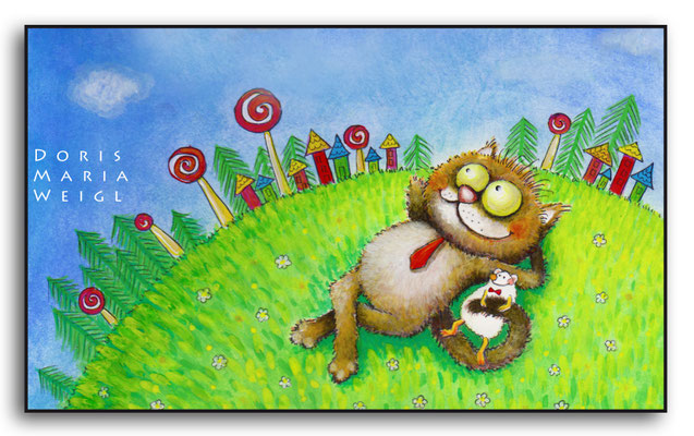 Katze Emil träumt - Aquarell - Illustrationen Doris Maria Weigl / Kinderbuch