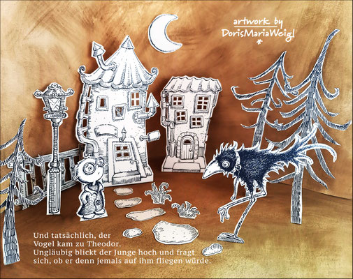 Theodor - Tuschezeichnung ausgeschnitten, positioniert und fotografiert - "Kulissen-Illustration" - Doris Maria Weigl / Kinderbuch