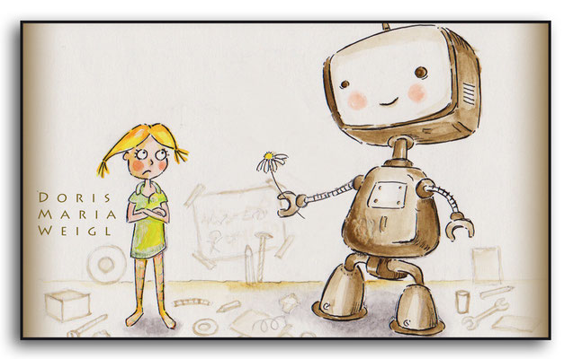 Mädchen mit Roboter - Aquarell - Illustrationen Doris Maria Weigl / Kinderbuch