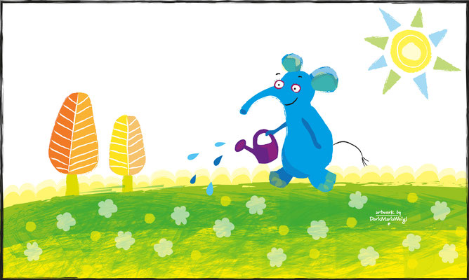 blauer Elefant im Frühling - Vektorgrafik - Illustrationen Doris Maria Weigl / Kinderbuch