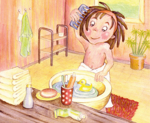 im Badezimmer - Aquarell - Illustrationen Doris Maria Weigl / Kinderbuch