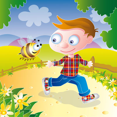 Junge läuft mit Biene - Vektorgrafik - Illustrationen Doris Maria Weigl / Kinderbuch