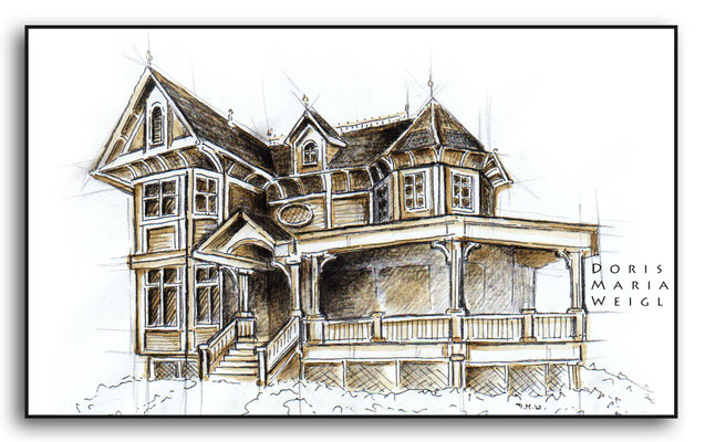 Villa gezeichnet mit Grafit und Sepia - Illustrationen Doris Maria Weigl / Architektur