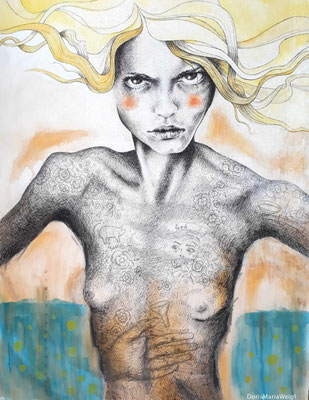 "L" - Acryl, Graphit und Kugelschreiber auf Leinen - Doris Maria Weigl / Art 