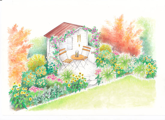 Gartenszene 7 Burda - Aquarell - Illustrationen Doris Maria Weigl / Landschaft