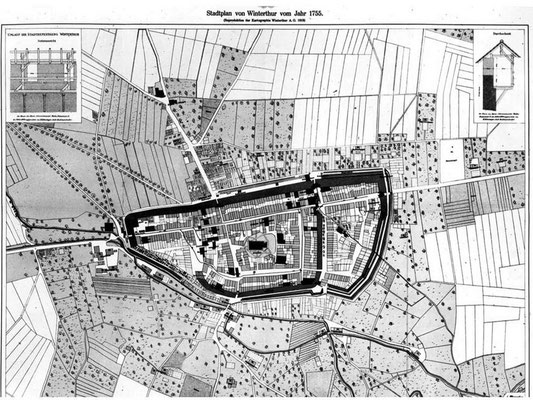Der Stadtplan von 1755 zeigt ausserhalb der befestigten Altstadt die parzellierten Bürgergärten mit einem Geviert als Nutz- oder Blumengarten in der Mitte. Westlich führen bereits Alleen nach Veltheim.