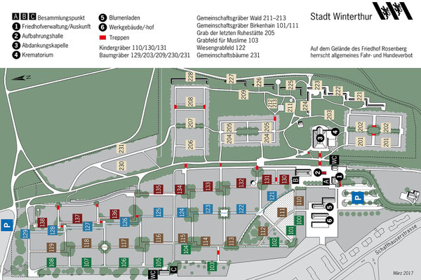 Übersichtsplan mit Feldnummerierung. 3 Stellen Feldnummer, 3 Stellen Grabnummer. Die verschiedenen Farben weisen den Weg.