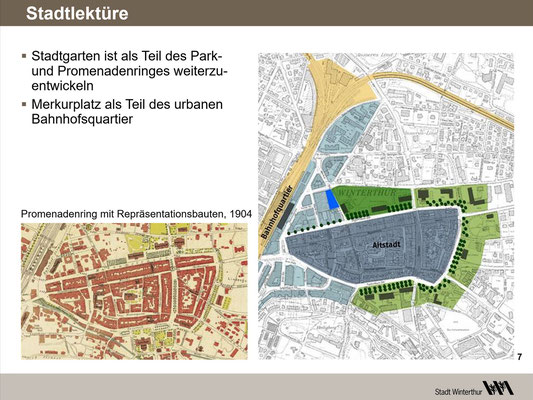 Die Stadtlektüre lässt 3 verschiedene Typologien erkennen: die Altstadt, das urbane Bahnhofsquartier mit Merkurplatz und den Stadtgarten als Teil des Park- und Promenadenrings.