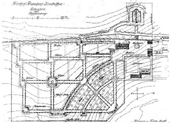Projektplan von Rittmeyer & Furrer (1912). Friedhofanlage mit Gebäuden: Kapelle mit Aufbahrung, Friedhofverwaltung, WC-Anlage, Gärtnerei mit Gewächshaus.