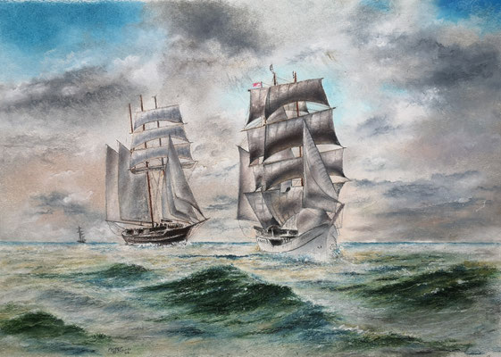 Großsegler Gulden Leew und Artemis, Öl-Pastellkreide, 46 x 67 cm 2023