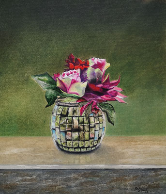 Stilleben mit Rose, Öl-Pastellkreide, 34 x 39 cm, 2020