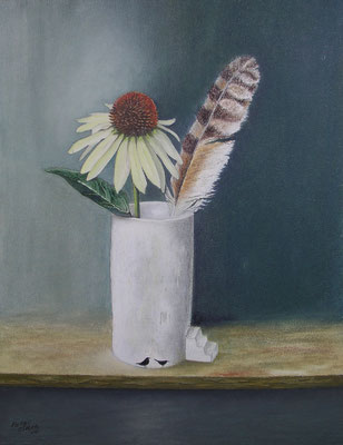 Stillleben mit Feder, Öl-Pastellkreide, 32 x 43 cm, 2017  