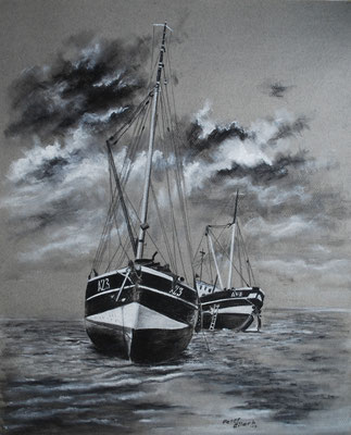 Fischerboote aufgesetzt, Zeichenkreide, 47 x 58 cm, 2013  