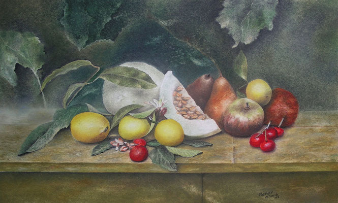 Stillleben mit Früchten, Öl-Pastellkreide, 34 x 54 cm, 2015  