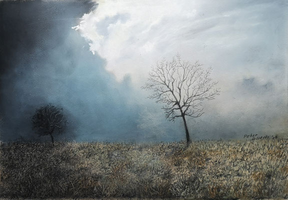 Gewitter droht, Öl-Pastellkreide, 36 x 52 cm, 2025