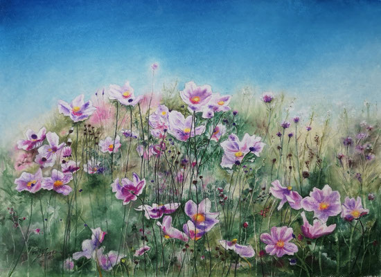 Herbst Anemonen, Öl-Pastellkreide, 40 x 55 cm,  2020