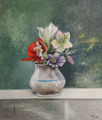 Blüten im Krug, Öl-Pastellkreide, 36 x 43 cm, 2019 