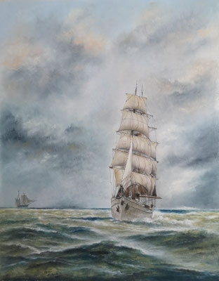 Gorch Fock in stürmischer See, Öl-Pastellkreide, 48 x 58 cm, 2020  verkauft
