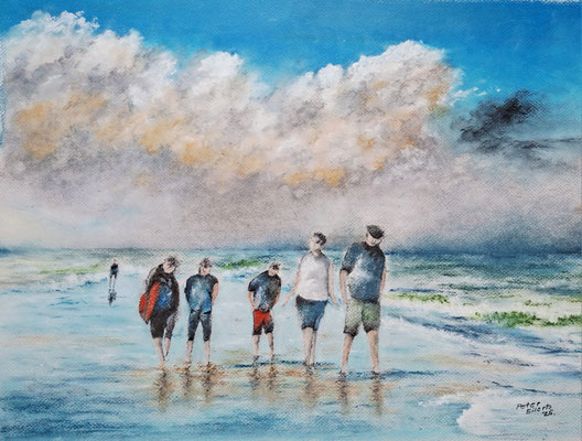 Sechs im Watt, Öl-Pastellkreide, 38 x51 cm, 2025