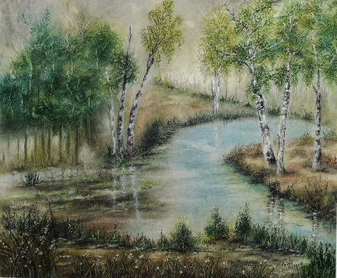 Landschaft mit Birken, Öl-Pastellkreide, 44 x 56 cm, 2023