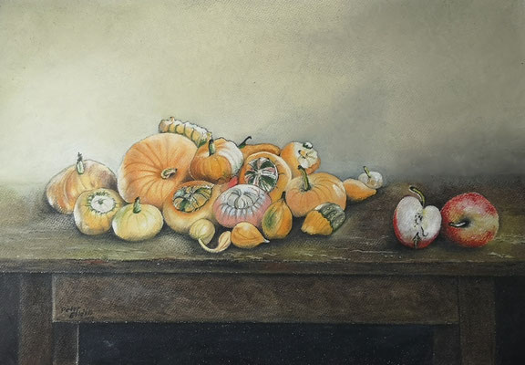 Kürbisernte, Öl-Pastellkreide, 36 x 51 cm, 2022