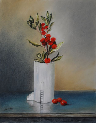 Stillleben mit roten Früchten, Öl-Pastellkreide, 35 x 44 cm, 2017  
