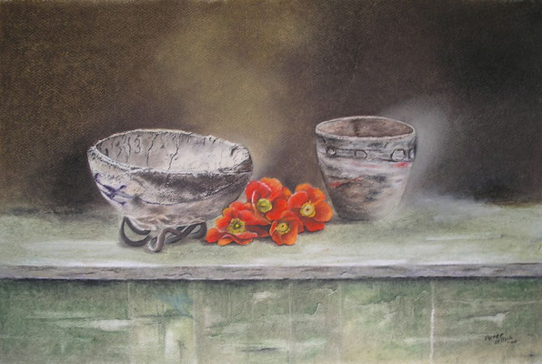 Alte Steingefäße, Öl-Pastellkreide, 37 x 57 cm, 2014  