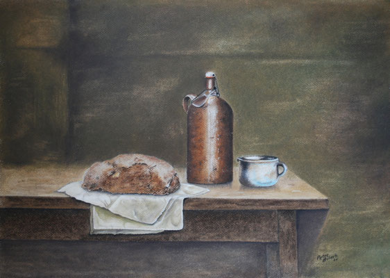 Brotzeit, Öl-Pastellkreide, 38 x 50 cm, 2014 