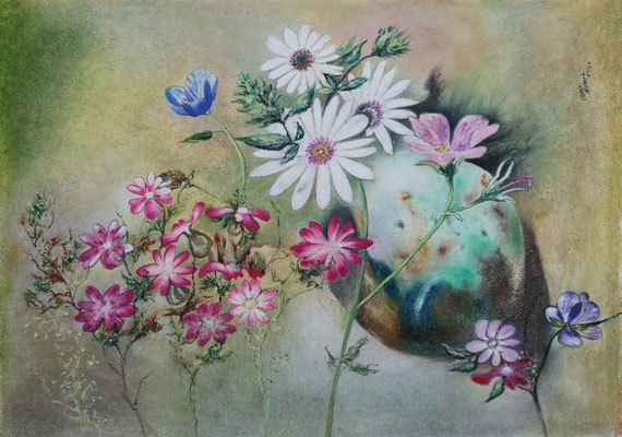 Zarte Blüten, Öl-Pastellkeide, 44 x 62 cm, 2024 