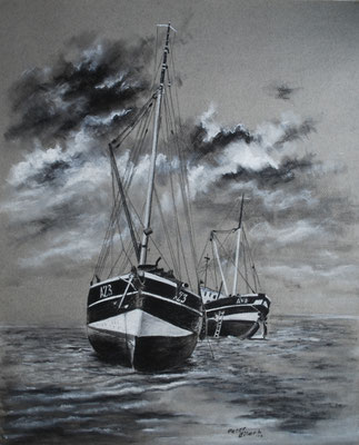 Fischerboote aufgesetzt, Zeichenkreide, 47 x 58 cm, 2013
