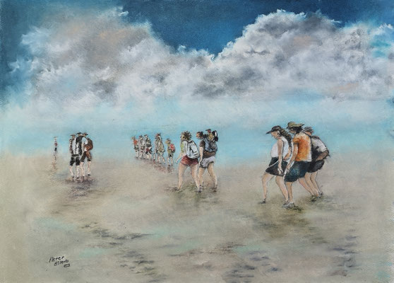 Gemeinsam durch das Watt, Öl-Pastellkreide,  42 x 59 cm, 2023