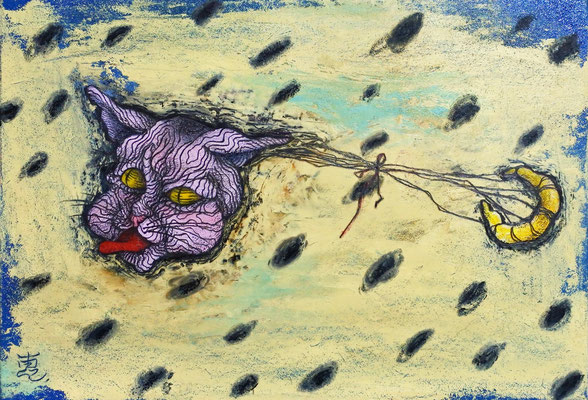 『Gift from the Cat』(2022) oil color, pencil on wood panel 15.8×22.7cm