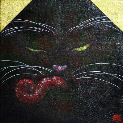『うとうと（square cat）』『Doze off（square cat）』(2019) oil color, pencil, gold dust on canvas 18×18cm