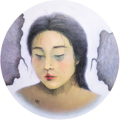 『My words』(2021) oil color, pencil, silver dust on canvas 30×30cm
