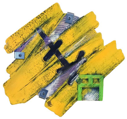 『瘡蓋』『Scab』(2022) oil color, pencil, charcoal on wood panel, metal parts 26.5×28cm