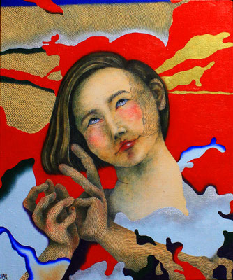 『初花』『Flower』(2019) oil color, pencil, gold dust, silver dust on canvas 45.5×38.0cm *private collection