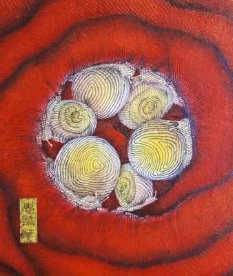 『渦』『spiral』(2020) oil color, pencil, paper on wood panel 16.3×20.1cm