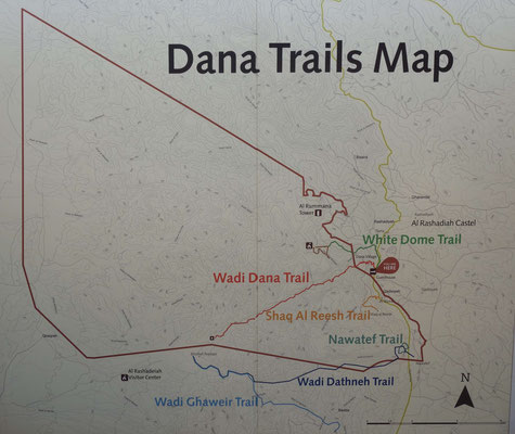 Carte des différents trails de la réserve de Dana