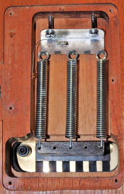 Blick in die Federkammer der Ibanez: unten sind die Federn in das Vibratosystem, oben an der Federkralle eingehängt. An der Kralle angelötet ist das aus dem benachbarten Elektronikfach herübergeführte Masseanschlusskabel.