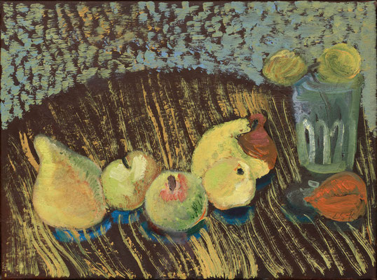 Früchte auf rundem Tisch. Öl auf Leinwand. 30×40 cm. 2020/23