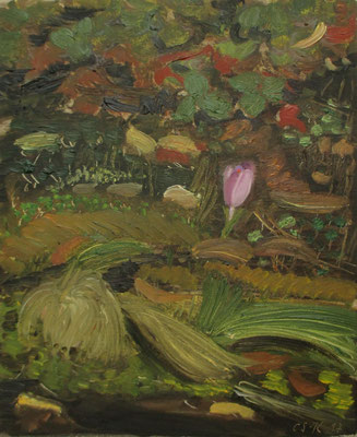 Gras, Laub und Blüte. 2017. Öl auf Leinwand. 39 x 32 cm