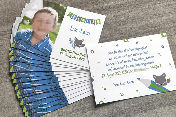 Einladung Einschulung, individuell bedruckte Einladungskarten zur Schuleinführung, Stückzahl nach Bedarf