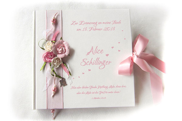 Gästebuch Taufe rosa weiß grün filigrane Buchdekoration Papierrosen Perlen Bänder Engel Leseband Schleifenverschluss Hardcover quadratisches Format 21x21cm 80 Seiten fadengeheftet 160g Papier weiß