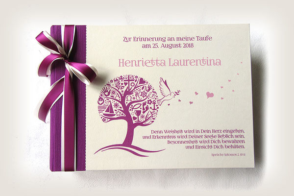 Fotoalbum zur Taufe 35cm x 25cm 100 Seiten elfenbeinfarben 220g-Fotokarton mit Pergaminzwischenblättern, individuelles Layout, Taufsymbole in Baumform Taube Herzen, folierter Druck, in Wunschfarben